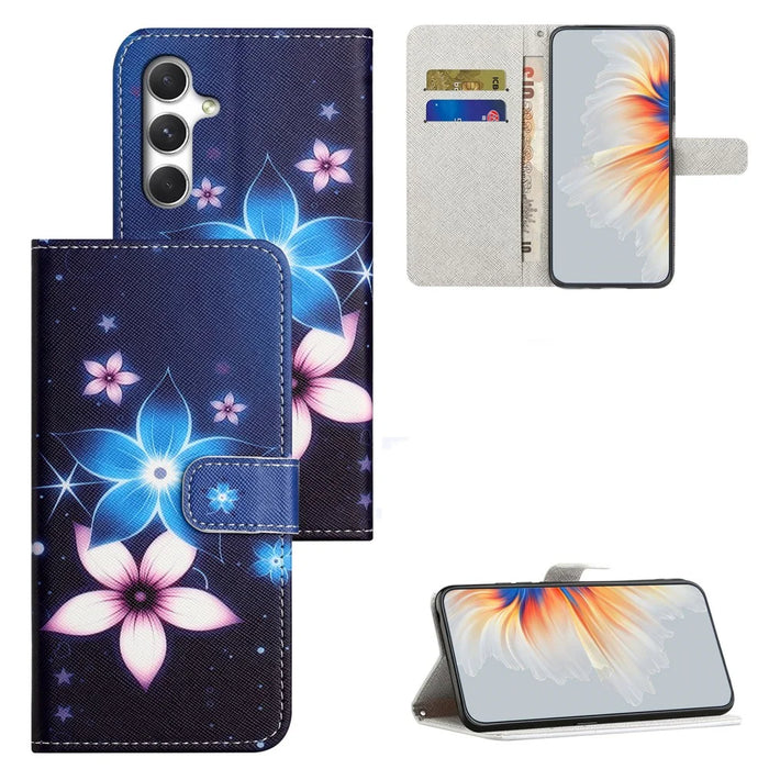 For Samsung Galaxy S26+ Case Pattern Print PU Leather Wallet Phone Cover Cross Texture - Blue Flower - 4