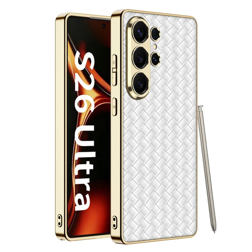 GKK For Samsung Galaxy S26 Ultra Cases Electroplating PU+TPU+PC Cell Phone Cover Woven Texture - White - 1