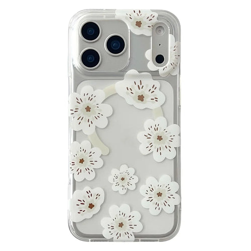 For iPhone 17 Pro Max Magnetic Case Winter Sakura Pattern TPU PC Protective Phone Cover - White Flower / White - 1