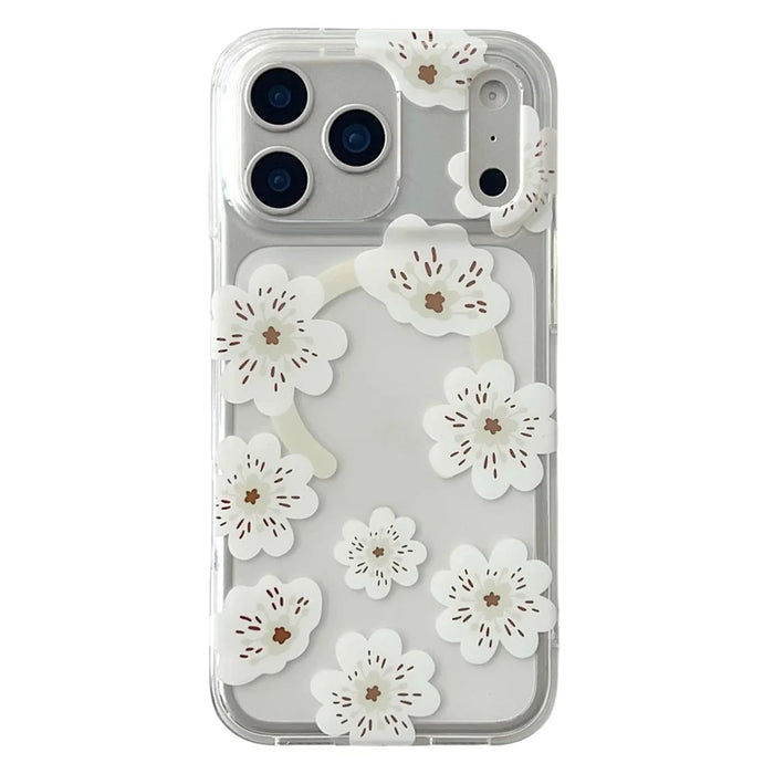 For iPhone 17 Pro Max Magnetic Case Winter Sakura Pattern TPU PC Protective Phone Cover - White Flower / White - 1