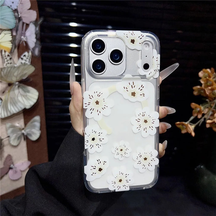 For iPhone 17 Pro Max Magnetic Case Winter Sakura Pattern TPU PC Protective Phone Cover - White Flower / White - 2