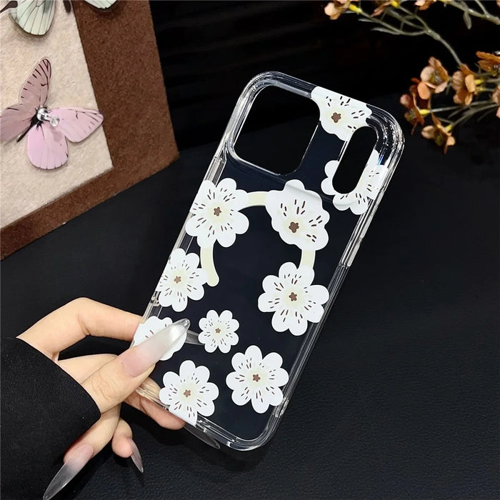 For iPhone 17 Pro Max Magnetic Case Winter Sakura Pattern TPU PC Protective Phone Cover - White Flower / White - 3
