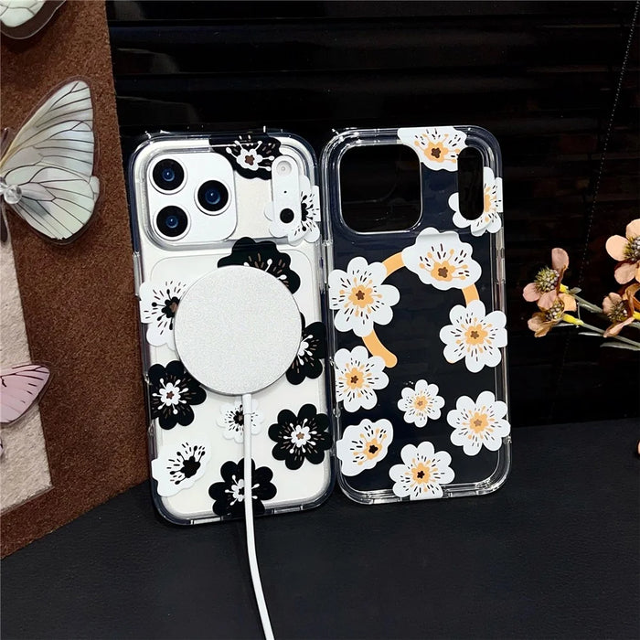For iPhone 17 Pro Max Magnetic Case Winter Sakura Pattern TPU PC Protective Phone Cover - White Flower / White - 4