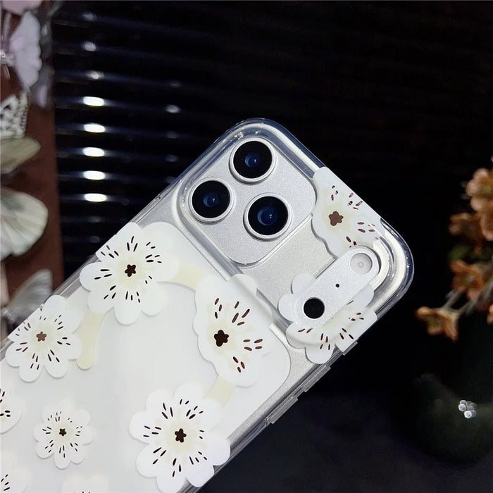 For iPhone 17 Pro Max Magnetic Case Winter Sakura Pattern TPU PC Protective Phone Cover - White Flower / White - 5