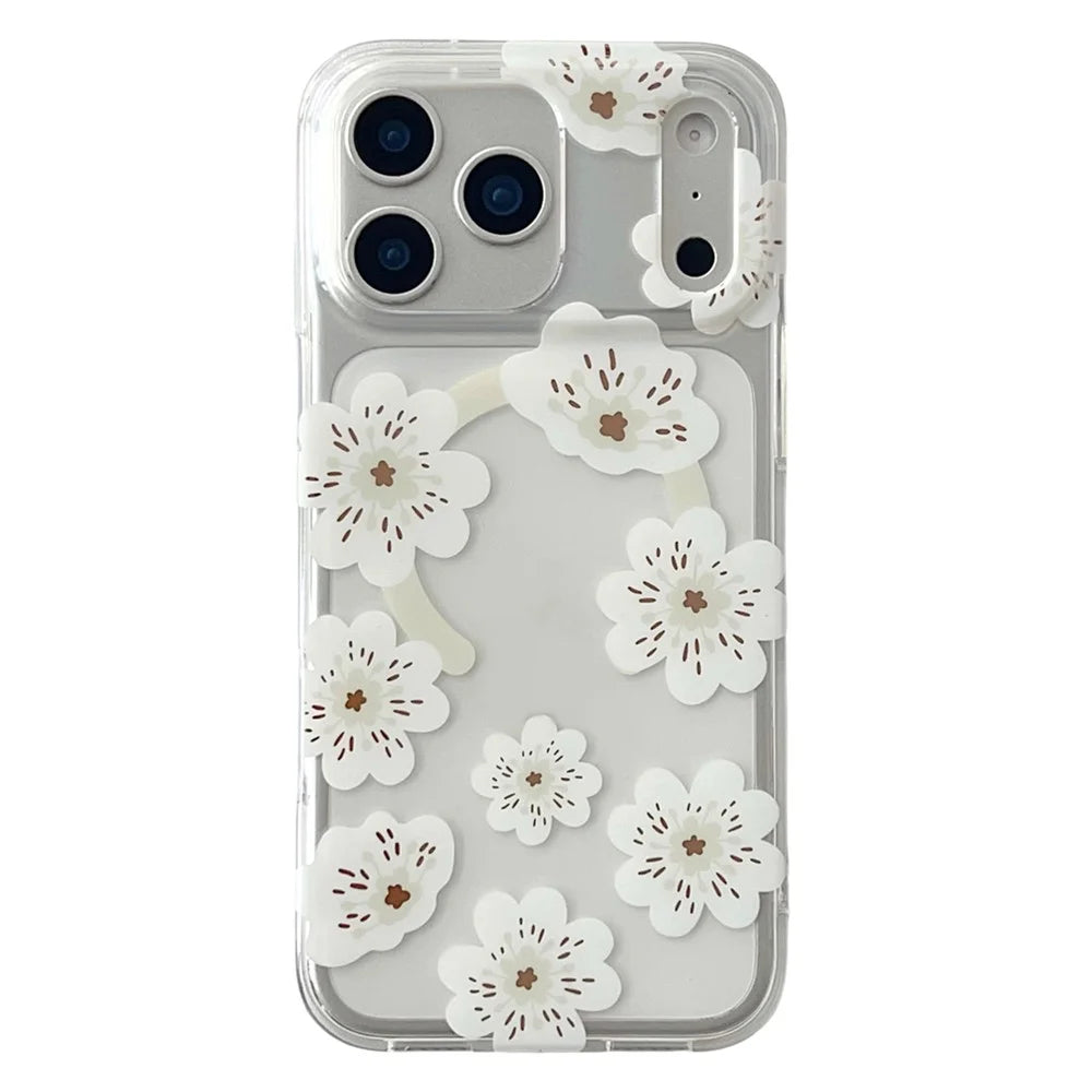 For iPhone 17 Pro Magnetic Case Winter Sakura Pattern TPU PC Protective Phone Cover - White Flower / White - 1