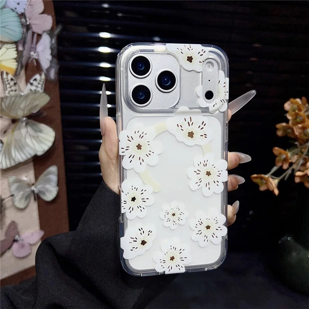 For iPhone 17 Pro Magnetic Case Winter Sakura Pattern TPU PC Protective Phone Cover - White Flower / White - 2