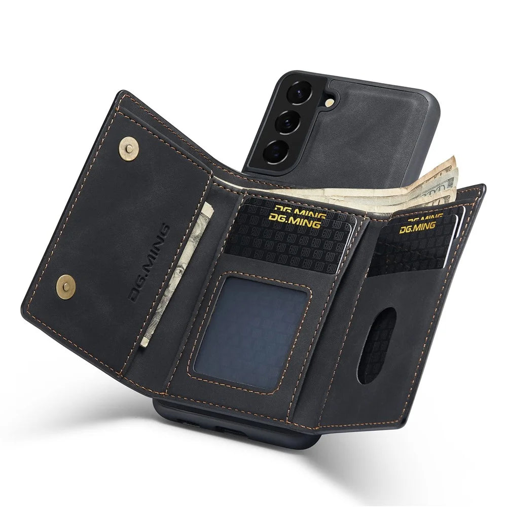 DG.MING M1 Series Shockproof Case for Samsung Galaxy S23 Detachable Magnetic Absorption Wallet + PU Leather Coated Phone Case with Kickstand - Black - 3