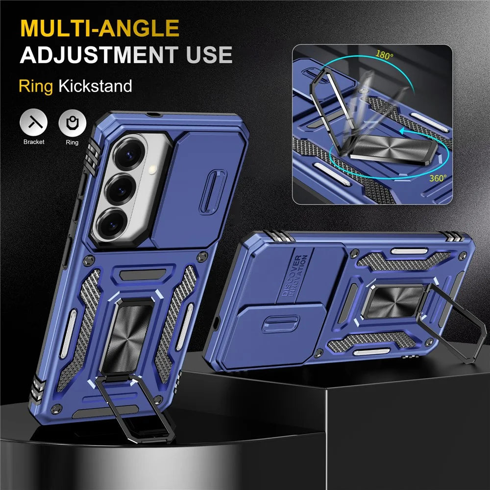 For Samsung Galaxy S26 Case Kickstand Slide Lens Lid PC + TPU Drop-Proof Phone Cover - Navy Blue - 4