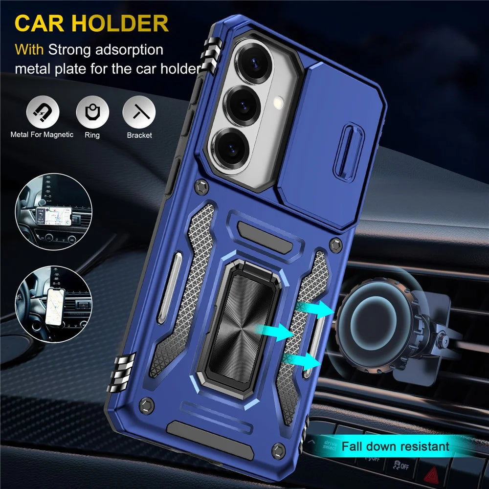 For Samsung Galaxy S26 Case Kickstand Slide Lens Lid PC + TPU Drop-Proof Phone Cover - Navy Blue - 6