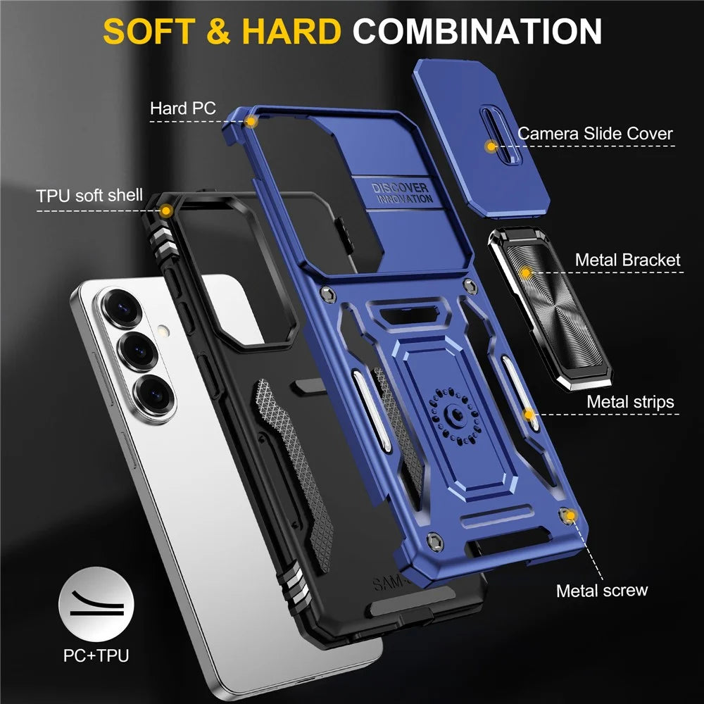 For Samsung Galaxy S26 Case Kickstand Slide Lens Lid PC + TPU Drop-Proof Phone Cover - Navy Blue - 7