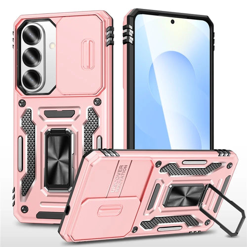 For Samsung Galaxy S26+ Case Kickstand Slide Lens Lid PC + TPU Drop-Proof Phone Cover - Rose Gold - 1