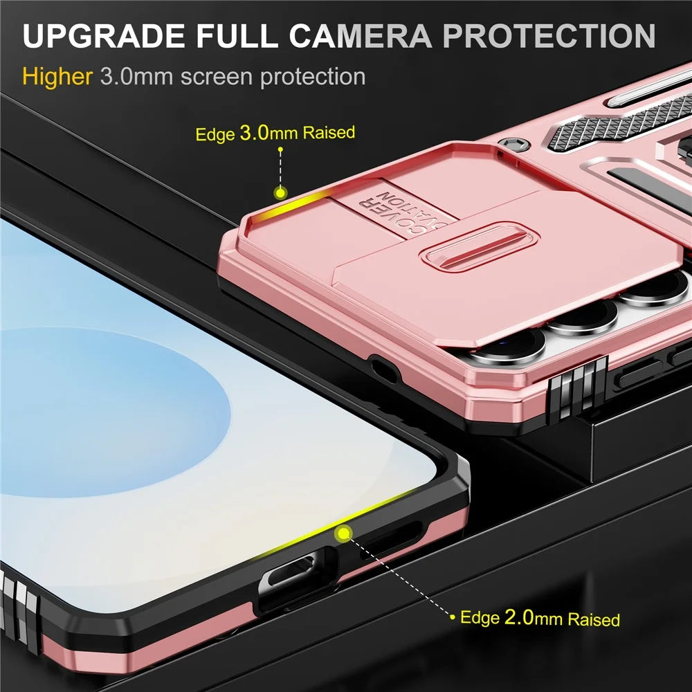 For Samsung Galaxy S26+ Case Kickstand Slide Lens Lid PC + TPU Drop-Proof Phone Cover - Rose Gold - 3