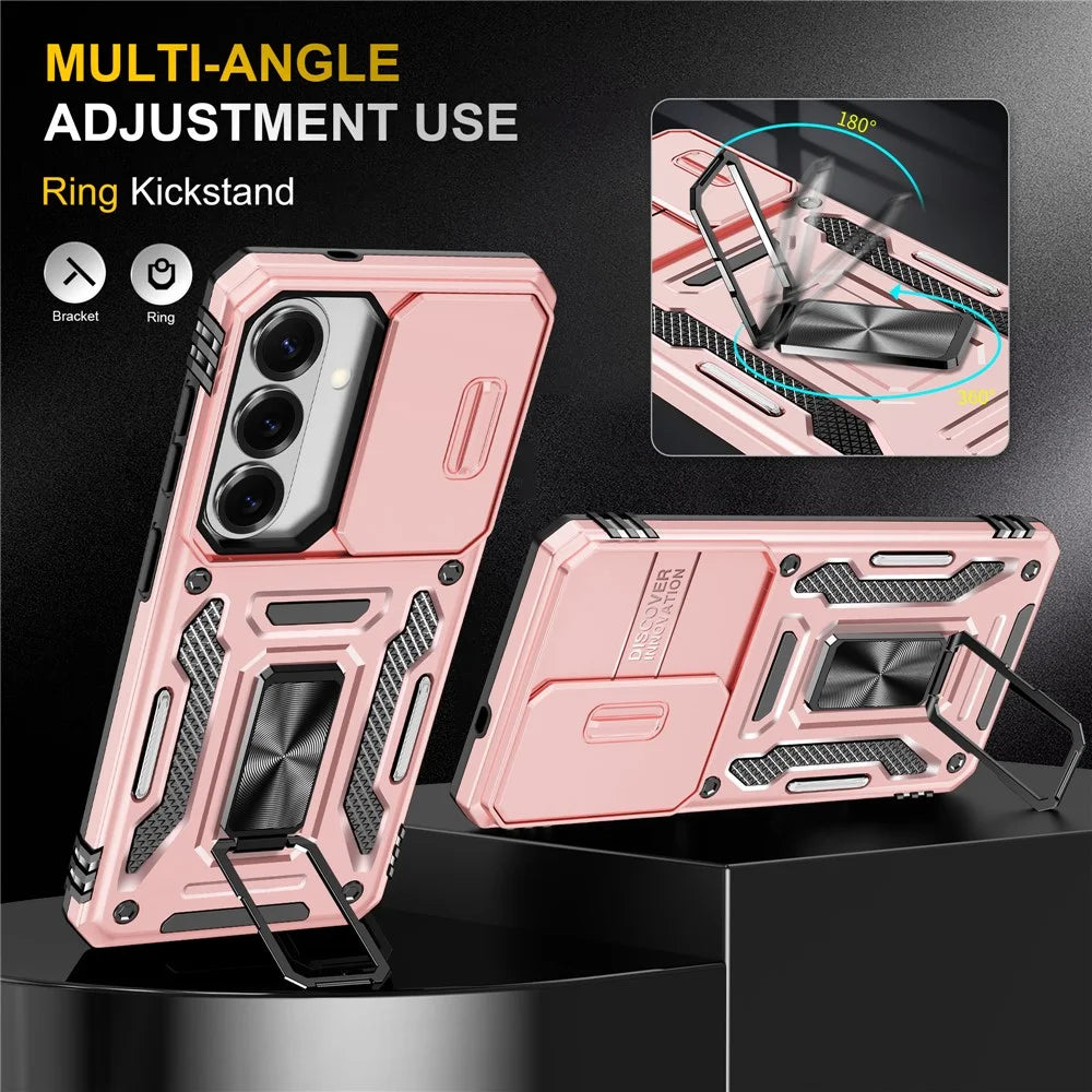 For Samsung Galaxy S26+ Case Kickstand Slide Lens Lid PC + TPU Drop-Proof Phone Cover - Rose Gold - 4