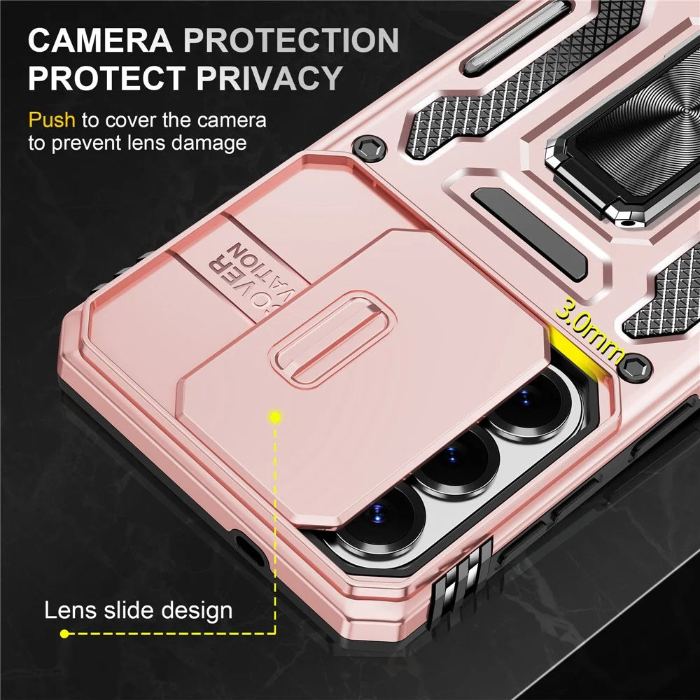 For Samsung Galaxy S26+ Case Kickstand Slide Lens Lid PC + TPU Drop-Proof Phone Cover - Rose Gold - 5