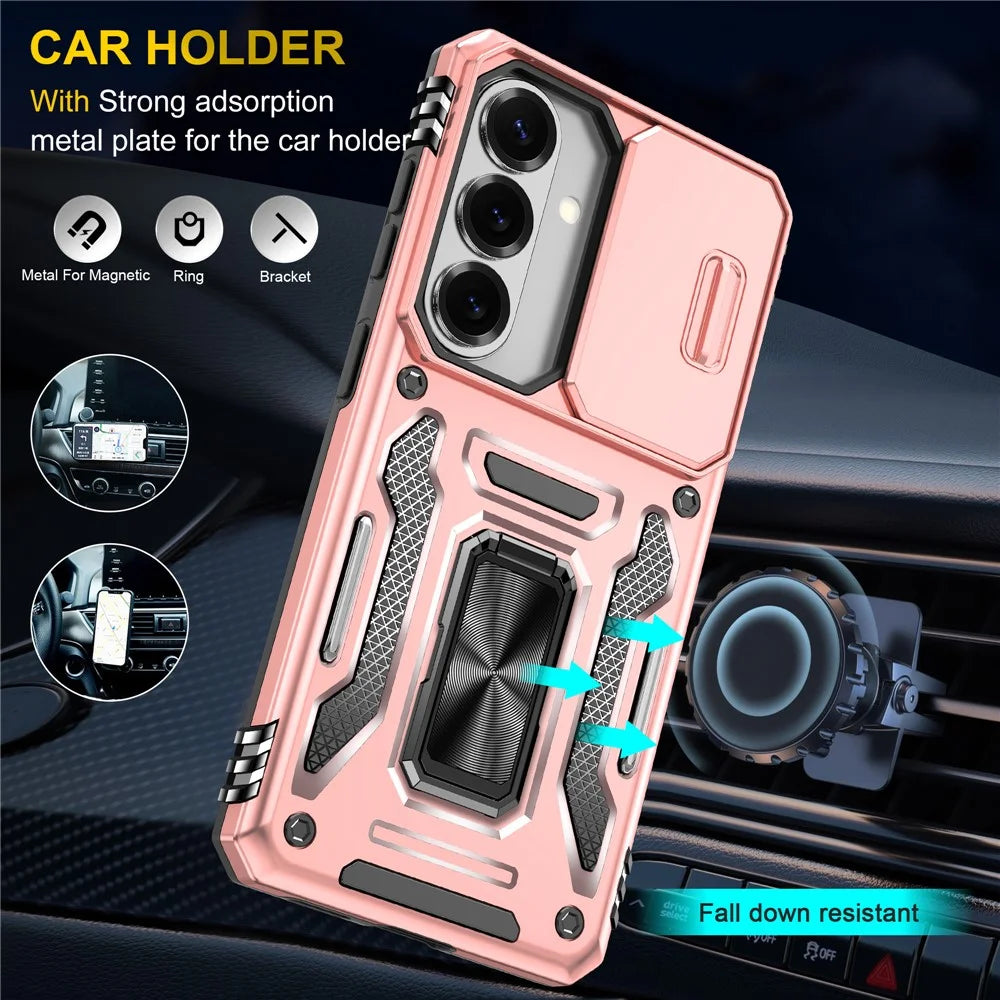 For Samsung Galaxy S26+ Case Kickstand Slide Lens Lid PC + TPU Drop-Proof Phone Cover - Rose Gold - 6