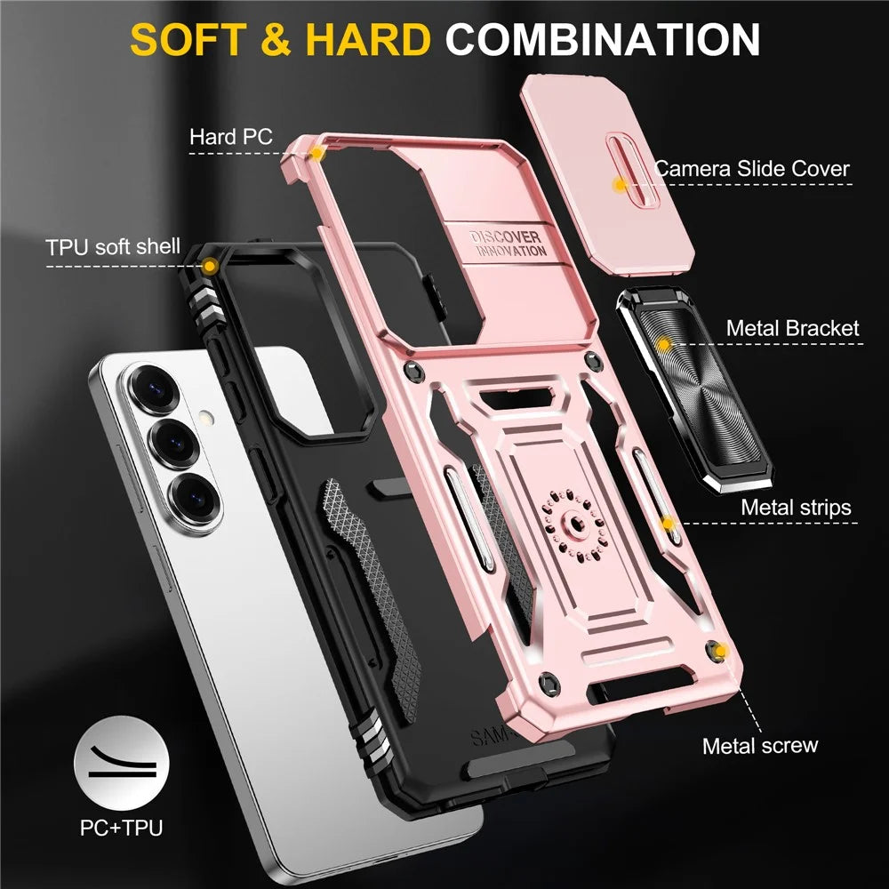 For Samsung Galaxy S26+ Case Kickstand Slide Lens Lid PC + TPU Drop-Proof Phone Cover - Rose Gold - 7