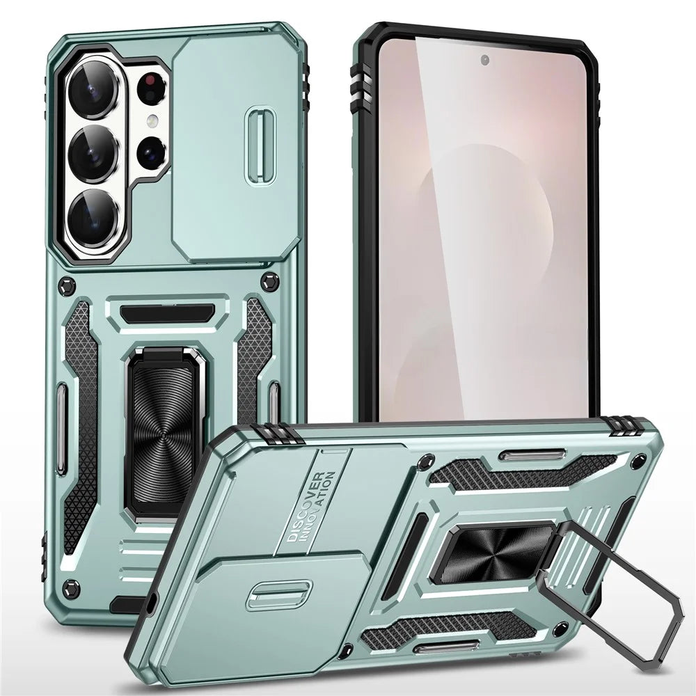 For Samsung Galaxy S26 Ultra Case Kickstand Slide Lens Lid PC + TPU Drop-Proof Phone Cover - Green - 1