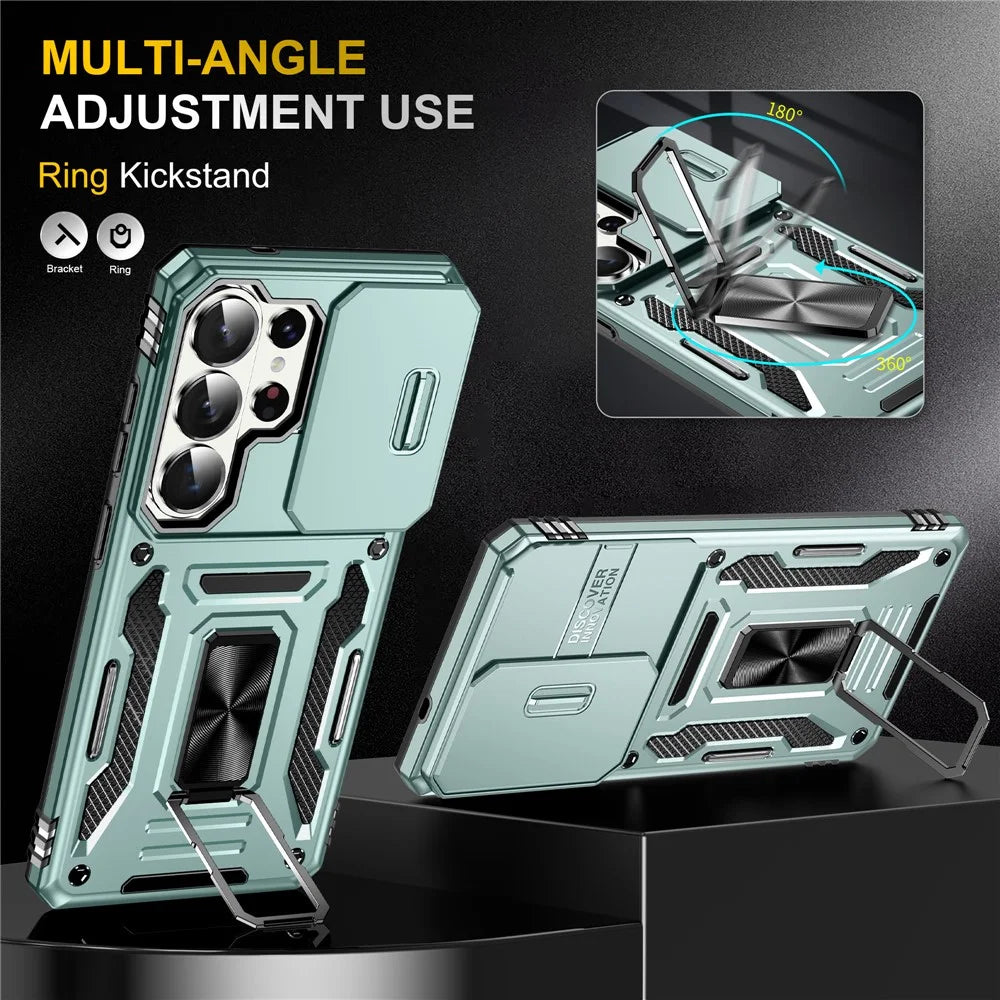 For Samsung Galaxy S26 Ultra Case Kickstand Slide Lens Lid PC + TPU Drop-Proof Phone Cover - Green - 4