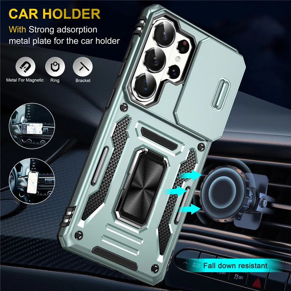For Samsung Galaxy S26 Ultra Case Kickstand Slide Lens Lid PC + TPU Drop-Proof Phone Cover - Green - 6