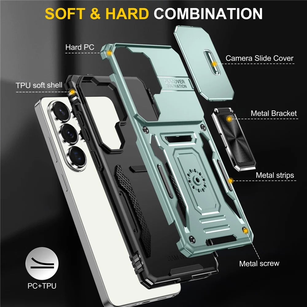 For Samsung Galaxy S26 Ultra Case Kickstand Slide Lens Lid PC + TPU Drop-Proof Phone Cover - Green - 7