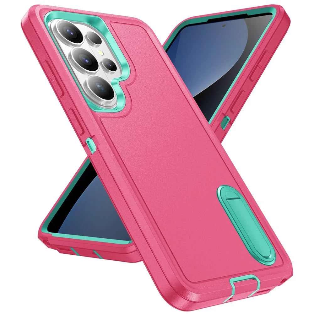 For Samsung Galaxy S26 Ultra Case PC + Silicone + EVA Anti-Drop Kickstand Phone Cover - Rose  /  Cyan - 2