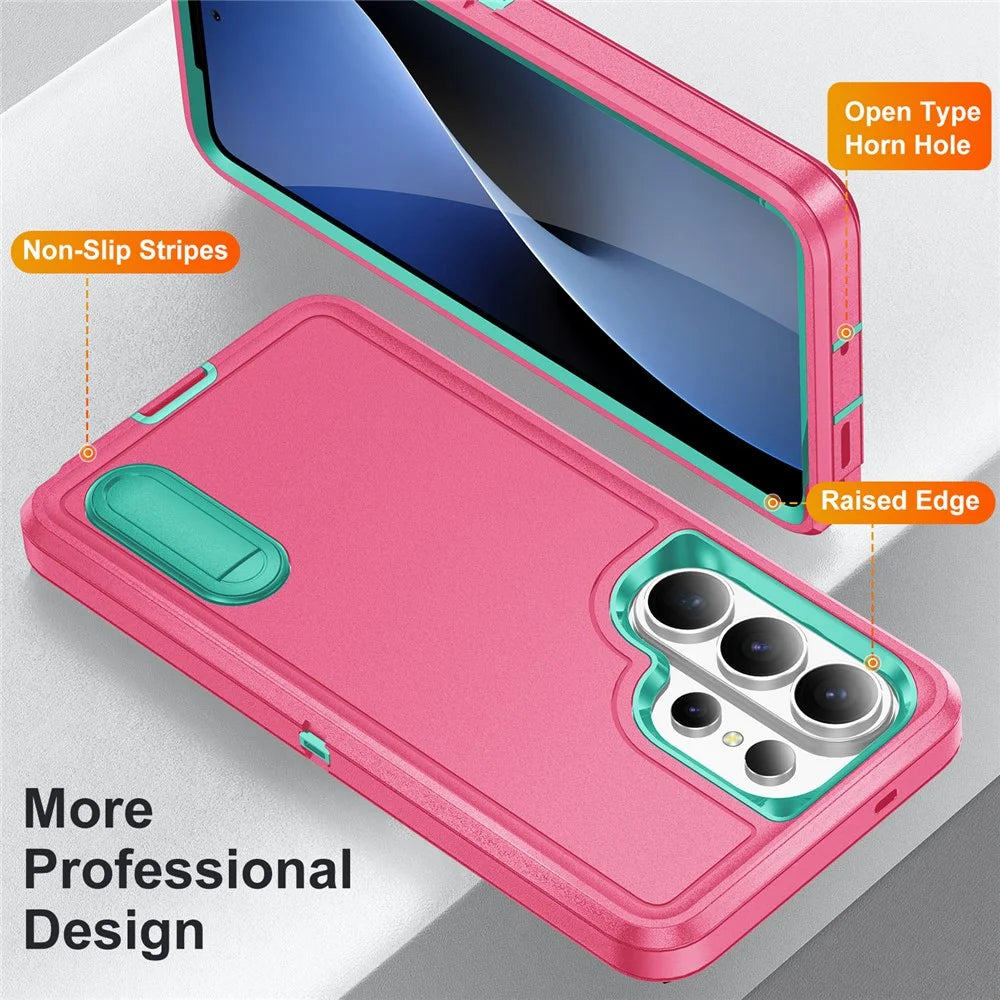 For Samsung Galaxy S26 Ultra Case PC + Silicone + EVA Anti-Drop Kickstand Phone Cover - Rose  /  Cyan - 3
