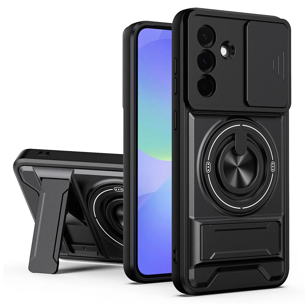 For Samsung Galaxy A36 5G Magnetic Case Ring Holder Foldable Kickstand TPU PC Phone Cover with Camera Lens Slider - Black - 1