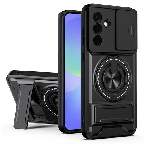 For Samsung Galaxy A36 5G Magnetic Case Ring Holder Foldable Kickstand TPU PC Phone Cover with Camera Lens Slider - Black - 1