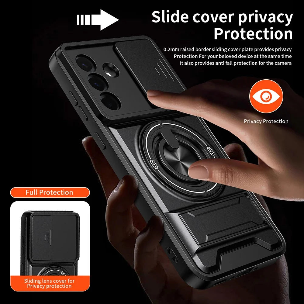 For Samsung Galaxy A36 5G Magnetic Case Ring Holder Foldable Kickstand TPU PC Phone Cover with Camera Lens Slider - Black - 2