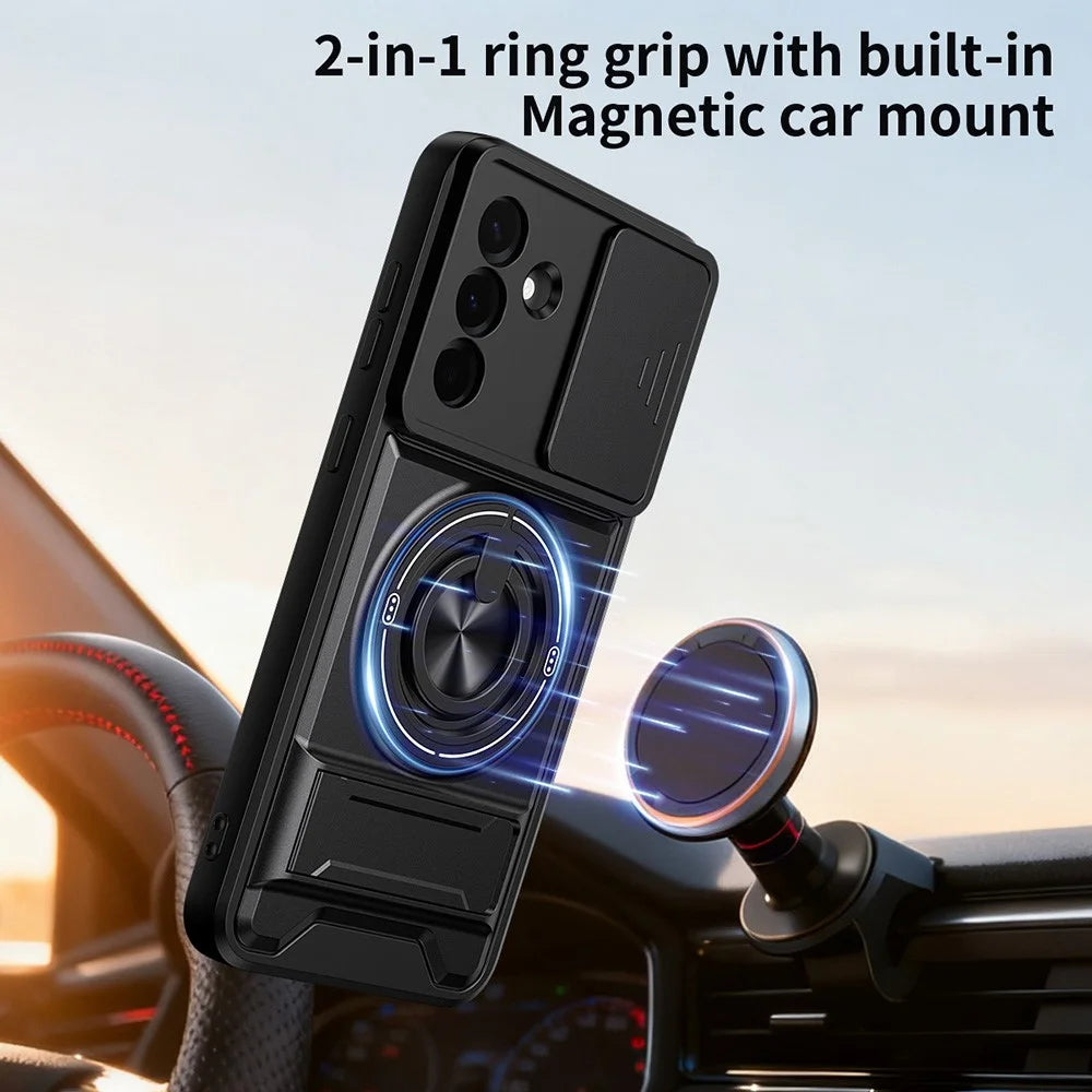 For Samsung Galaxy A36 5G Magnetic Case Ring Holder Foldable Kickstand TPU PC Phone Cover with Camera Lens Slider - Black - 3