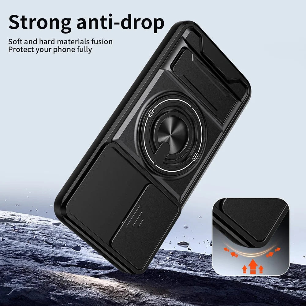 For Samsung Galaxy A36 5G Magnetic Case Ring Holder Foldable Kickstand TPU PC Phone Cover with Camera Lens Slider - Black - 4