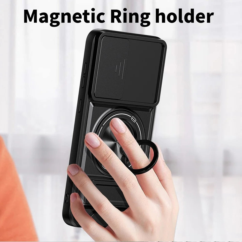 For Samsung Galaxy A36 5G Magnetic Case Ring Holder Foldable Kickstand TPU PC Phone Cover with Camera Lens Slider - Black - 5