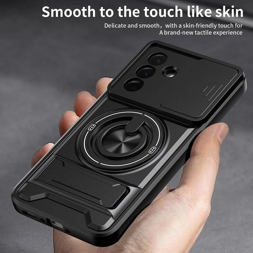 For Samsung Galaxy A36 5G Magnetic Case Ring Holder Foldable Kickstand TPU PC Phone Cover with Camera Lens Slider - Black - 6