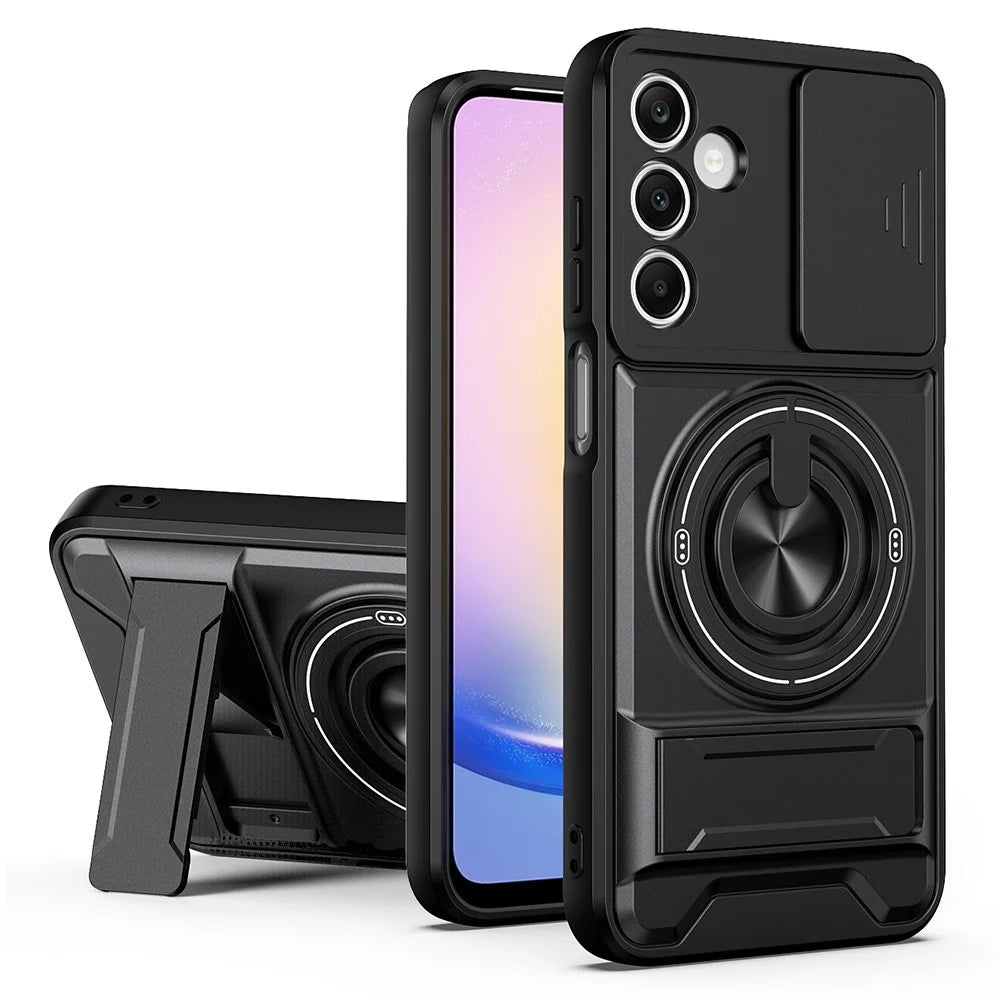 For Samsung Galaxy A25 5G (Global) (161mm) Magnetic Case Ring Holder Foldable Kickstand TPU PC Phone Cover with Camera Lens Slider - Black - 1