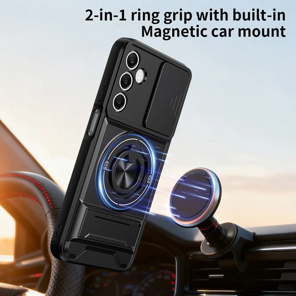 For Samsung Galaxy A25 5G (Global) (161mm) Magnetic Case Ring Holder Foldable Kickstand TPU PC Phone Cover with Camera Lens Slider - Black - 2