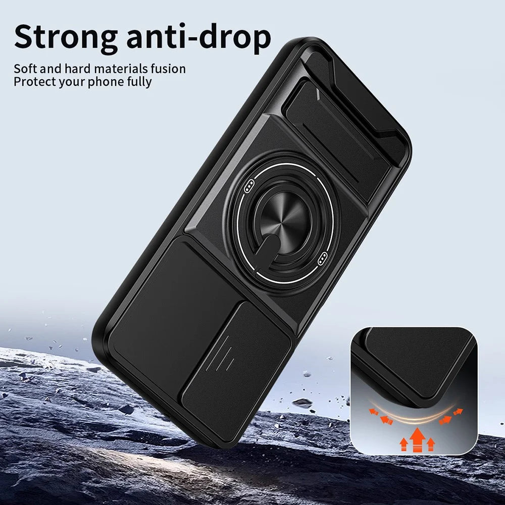 For Samsung Galaxy A25 5G (Global) (161mm) Magnetic Case Ring Holder Foldable Kickstand TPU PC Phone Cover with Camera Lens Slider - Black - 3