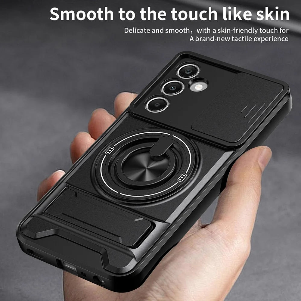 For Samsung Galaxy A25 5G (Global) (161mm) Magnetic Case Ring Holder Foldable Kickstand TPU PC Phone Cover with Camera Lens Slider - Black - 4