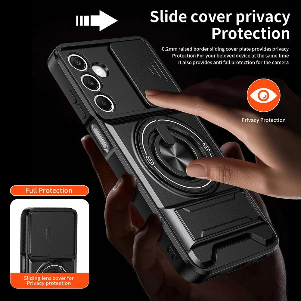 For Samsung Galaxy A25 5G (Global) (161mm) Magnetic Case Ring Holder Foldable Kickstand TPU PC Phone Cover with Camera Lens Slider - Black - 5