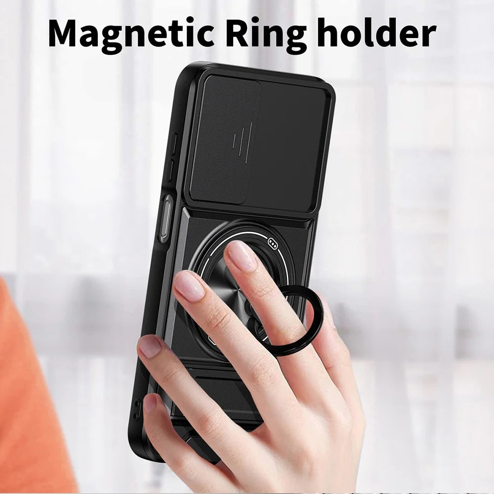 For Samsung Galaxy A25 5G (Global) (161mm) Magnetic Case Ring Holder Foldable Kickstand TPU PC Phone Cover with Camera Lens Slider - Black - 6