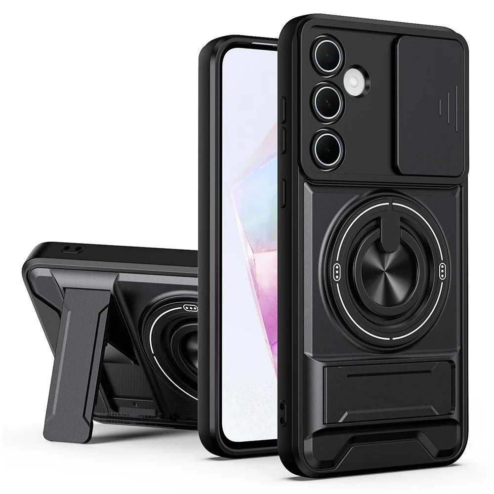 For Samsung Galaxy A55 5G Magnetic Case Ring Holder Foldable Kickstand TPU PC Phone Cover with Camera Lens Slider - Black - 1