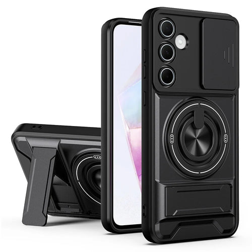 For Samsung Galaxy A55 5G Magnetic Case Ring Holder Foldable Kickstand TPU PC Phone Cover with Camera Lens Slider - Black - 1