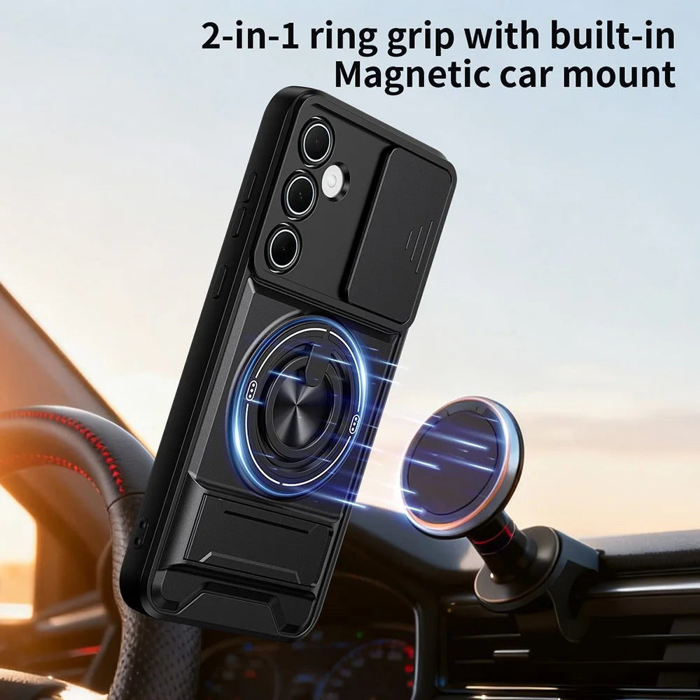 For Samsung Galaxy A55 5G Magnetic Case Ring Holder Foldable Kickstand TPU PC Phone Cover with Camera Lens Slider - Black - 2