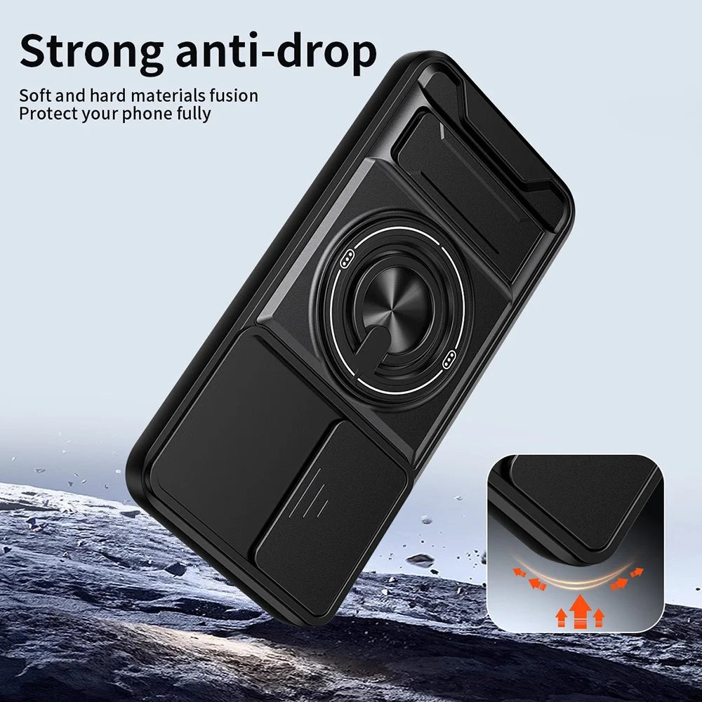 For Samsung Galaxy A55 5G Magnetic Case Ring Holder Foldable Kickstand TPU PC Phone Cover with Camera Lens Slider - Black - 3
