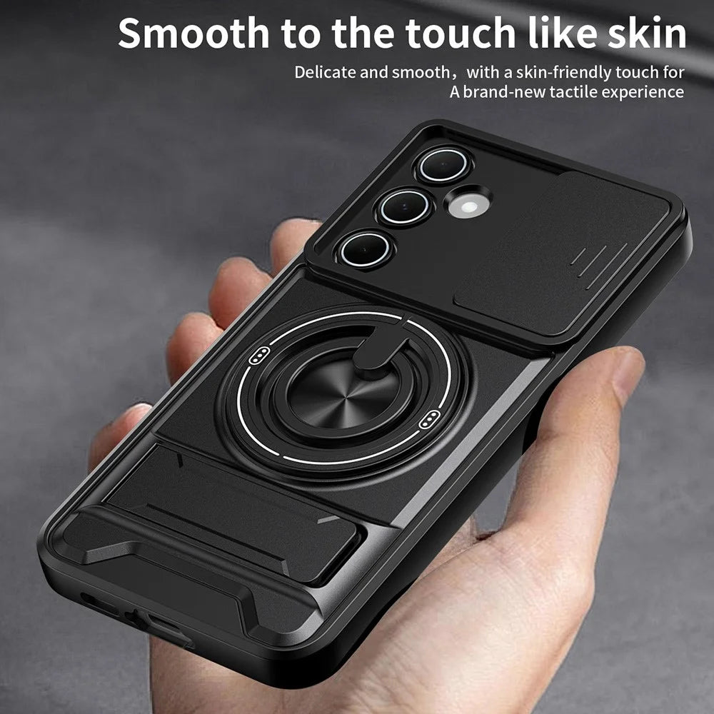 For Samsung Galaxy A55 5G Magnetic Case Ring Holder Foldable Kickstand TPU PC Phone Cover with Camera Lens Slider - Black - 4