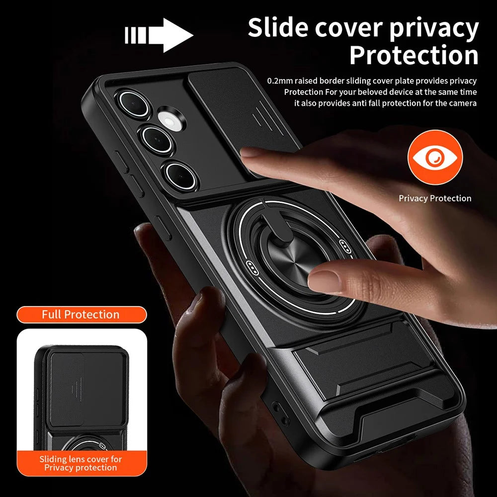 For Samsung Galaxy A55 5G Magnetic Case Ring Holder Foldable Kickstand TPU PC Phone Cover with Camera Lens Slider - Black - 5