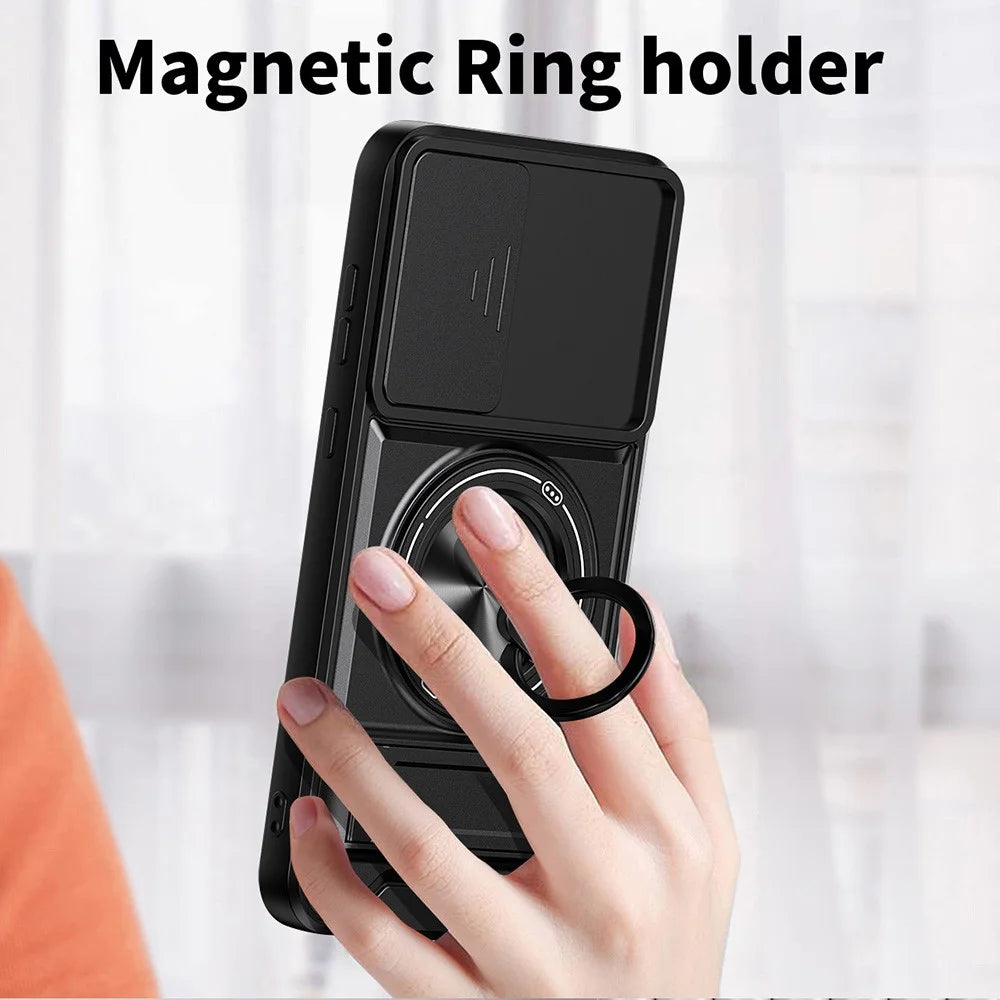 For Samsung Galaxy A55 5G Magnetic Case Ring Holder Foldable Kickstand TPU PC Phone Cover with Camera Lens Slider - Black - 6