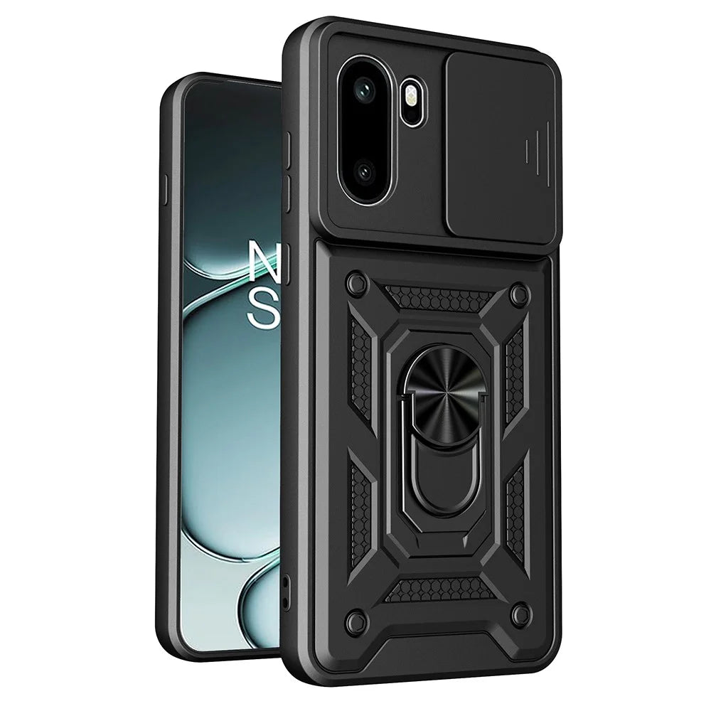 AMORUS For OnePlus 15R 5G Case Kickstand PC + TPU Phone Cover with Camera Lens Slider - Black - 1