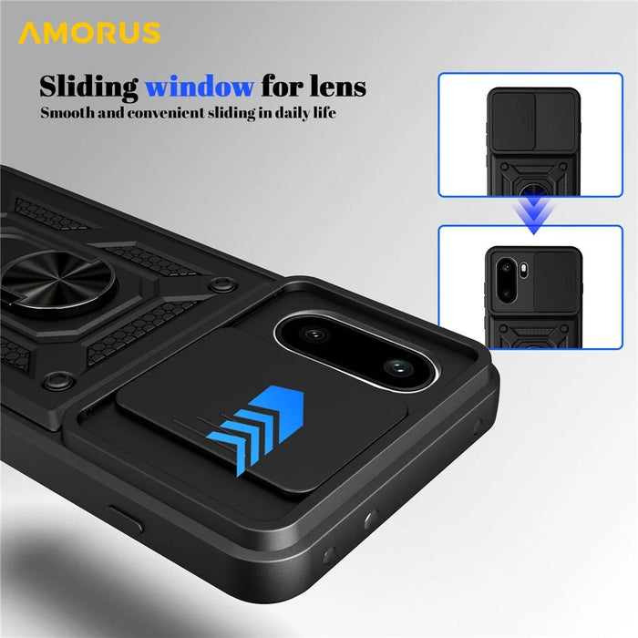 AMORUS For OnePlus 15R 5G Case Kickstand PC + TPU Phone Cover with Camera Lens Slider - Black - 6