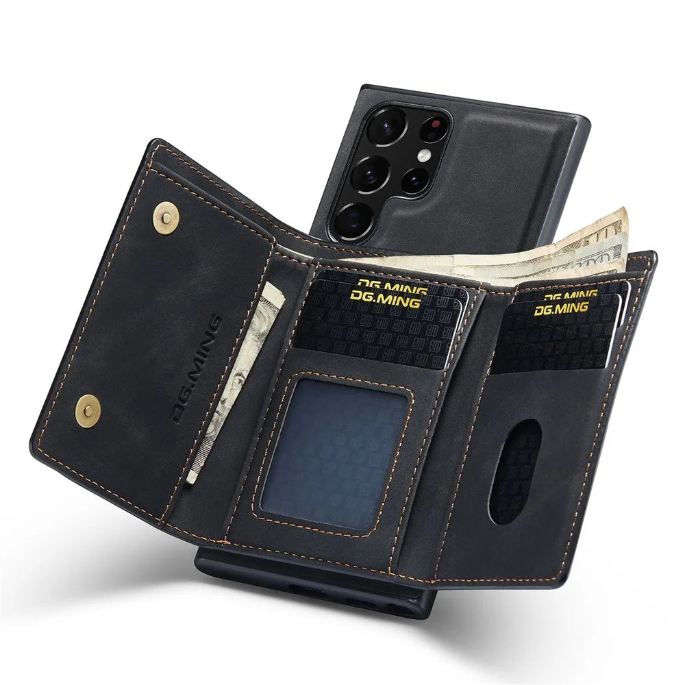 DG.MING M1 Series Wallet Phone Case for Samsung Galaxy S23 Ultra Anti-Drop Phone Shell PU Leather Coated Shockproof Cover with Kickstand - Black - 3