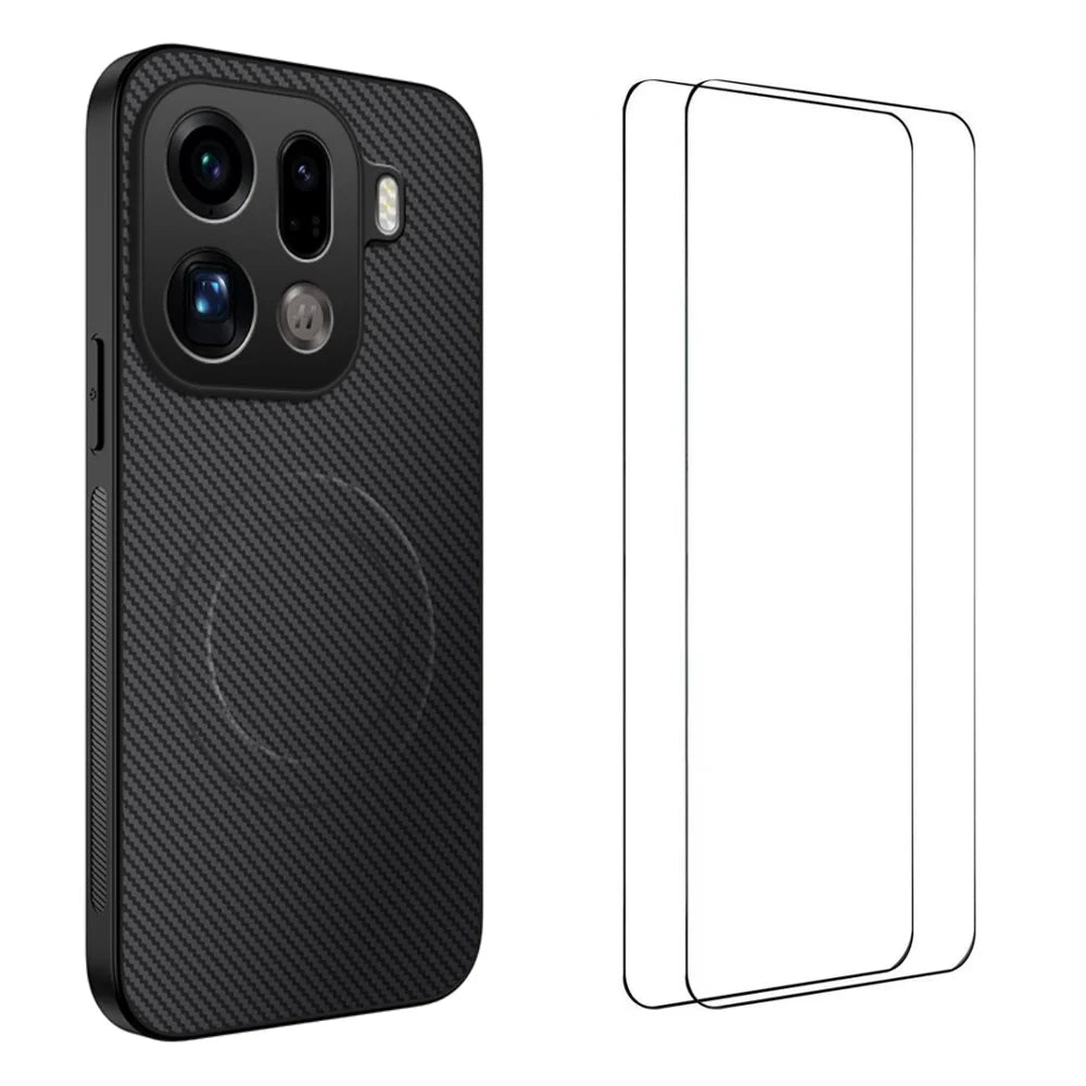 WANLONFENG For Oppo Find X9 Pro 5G Magnetic Case  TQ1 Series Carbon Fiber Texture PC TPU Phone Cover with 2Pcs Screen Films - Black - 1